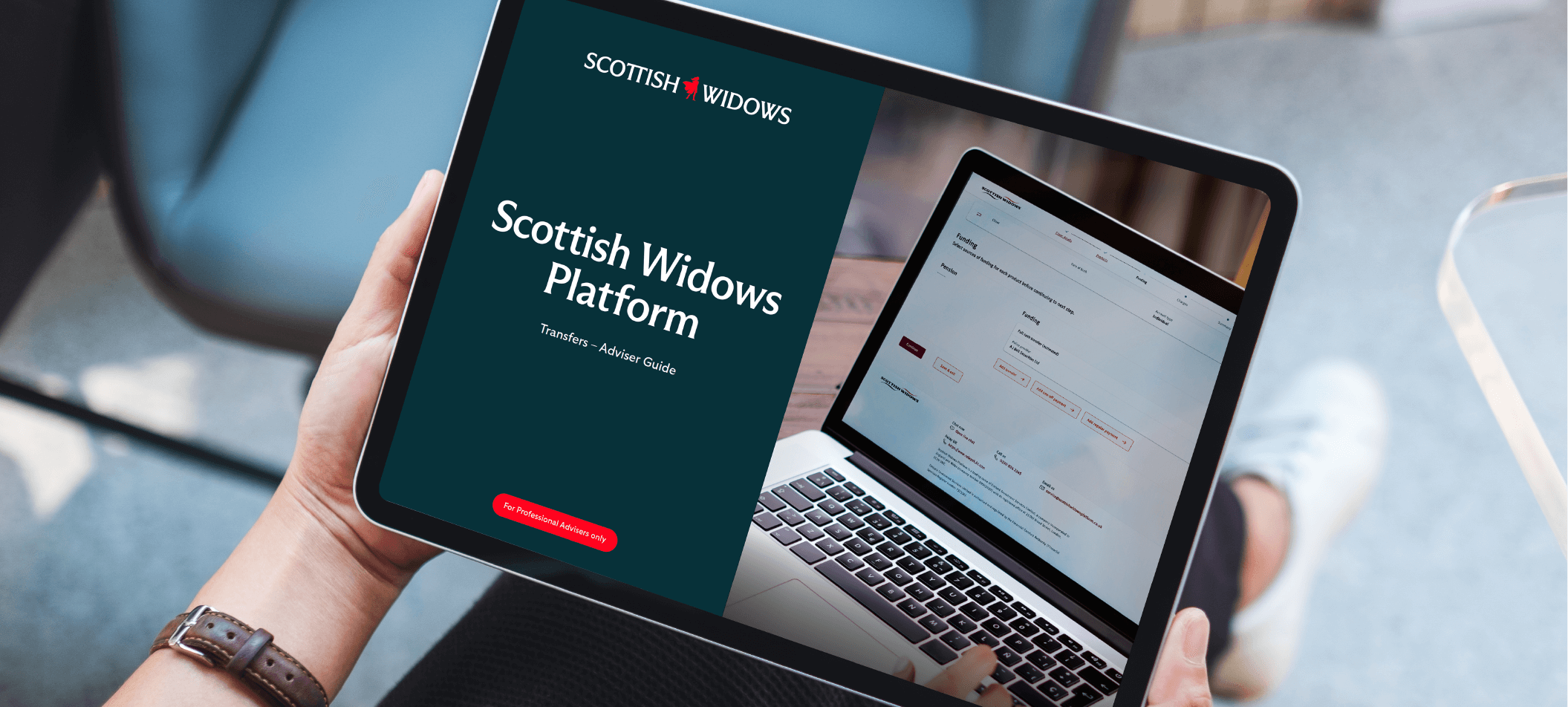 A person holding a tablet displaying the Scottish Widows Platform adviser guide, showcasing a user interface with financial data