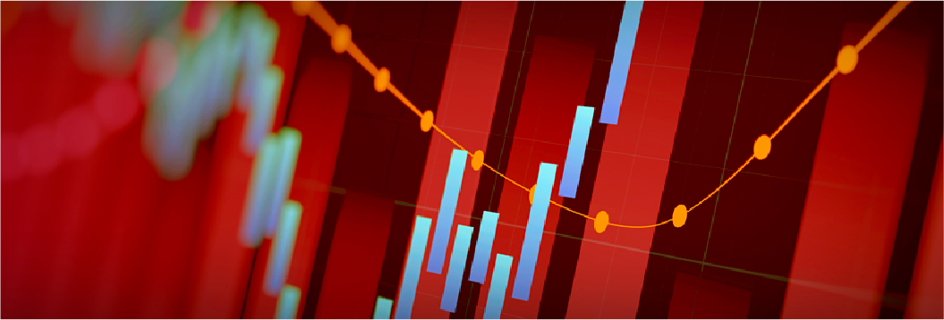 Abstract close up image of a red, orange and blue investment chart moving in an upward direction