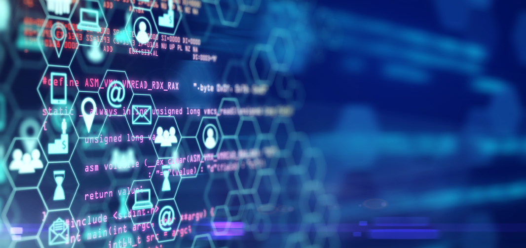 Tech icons inside hexagons floating over a blue abstract background.