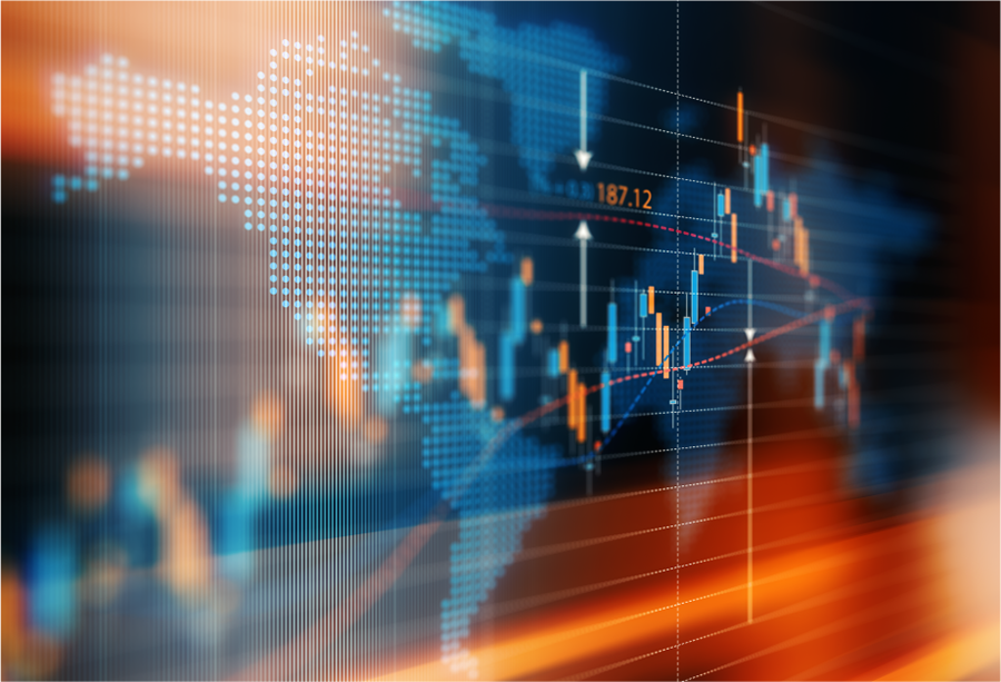 Image of an abstract blue world map with orange flashes on a digital screen with an overlay of an orange and blue investment chart moving in an upward direction