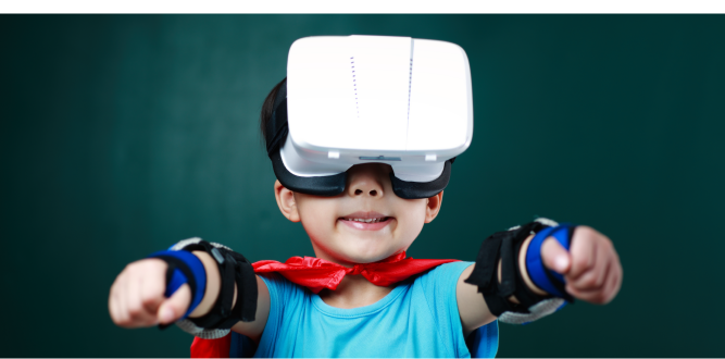 Small child with a VR headset pretending to be a super hero.